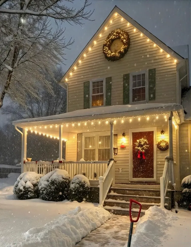 Porch and roofline outlined in warm white lights