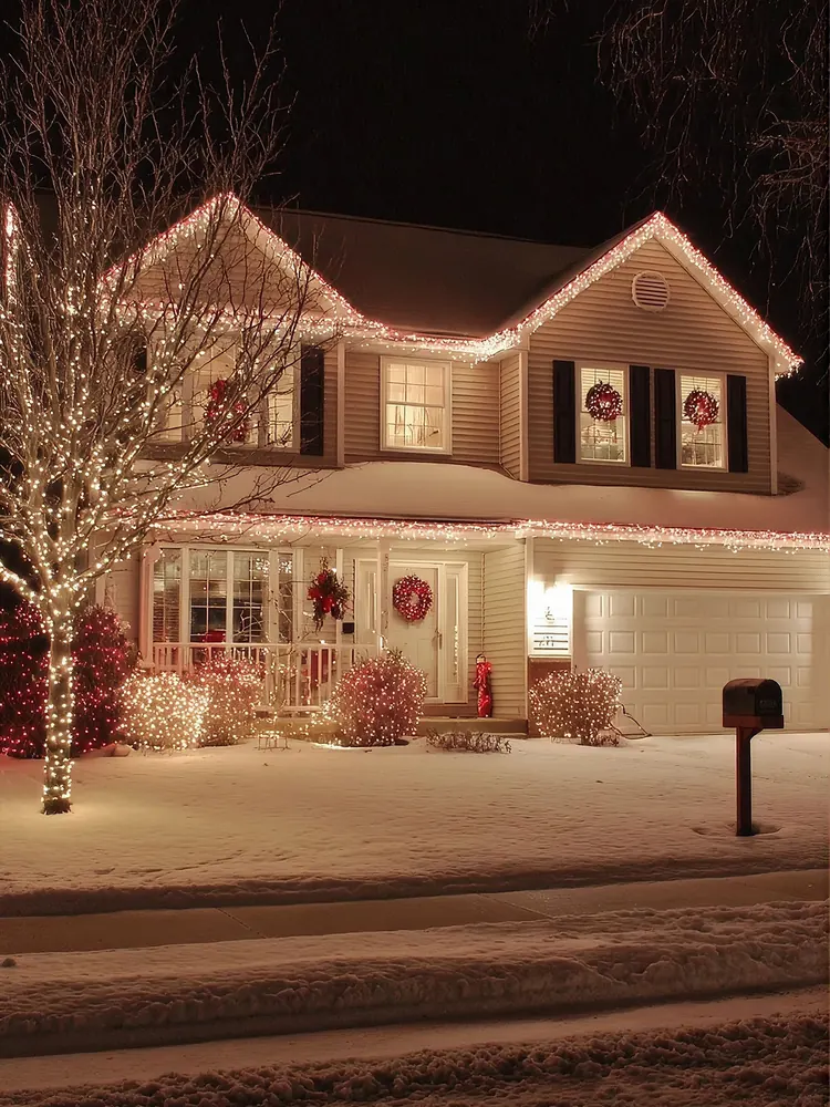 Snowy home with warm roofline lights at night