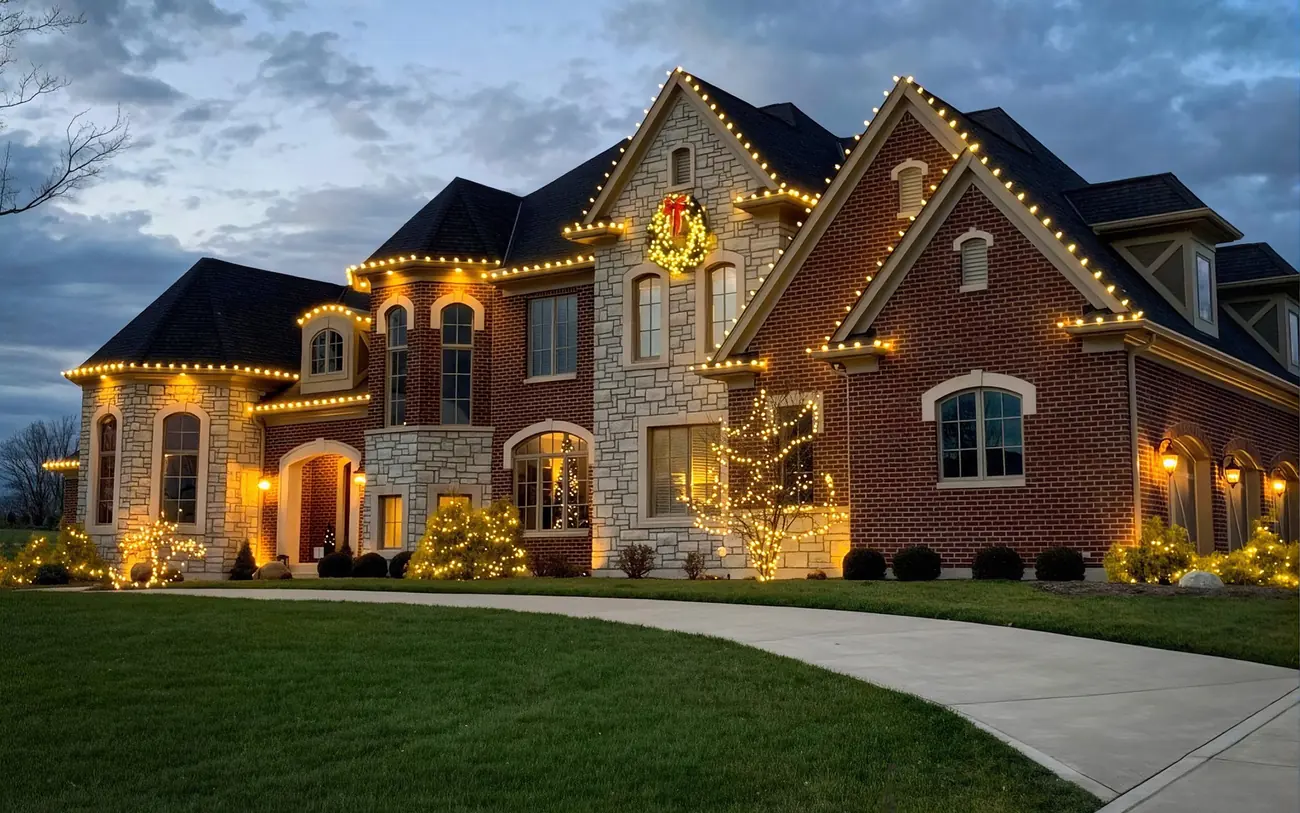 Stone and brick home with warm roofline lights and a lit wreath