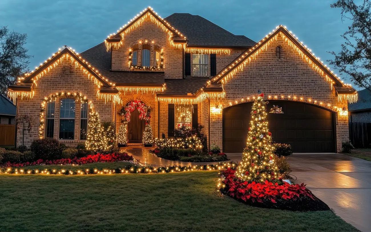 Brick home with roofline lights and a lit Christmas tree