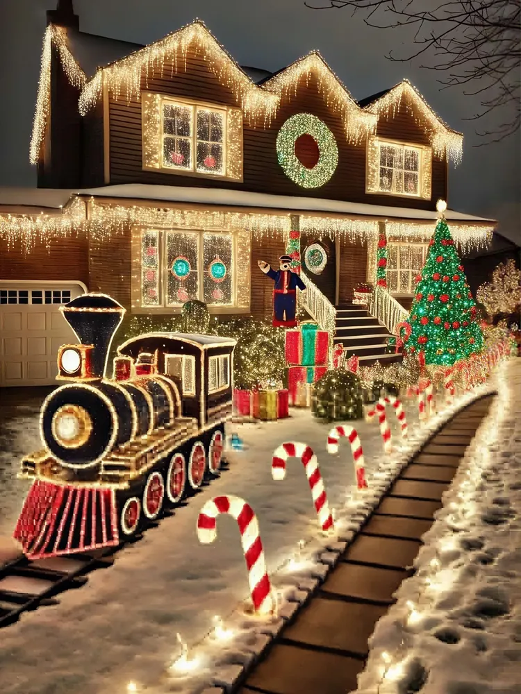 Home decorated with festive lights and yard displays