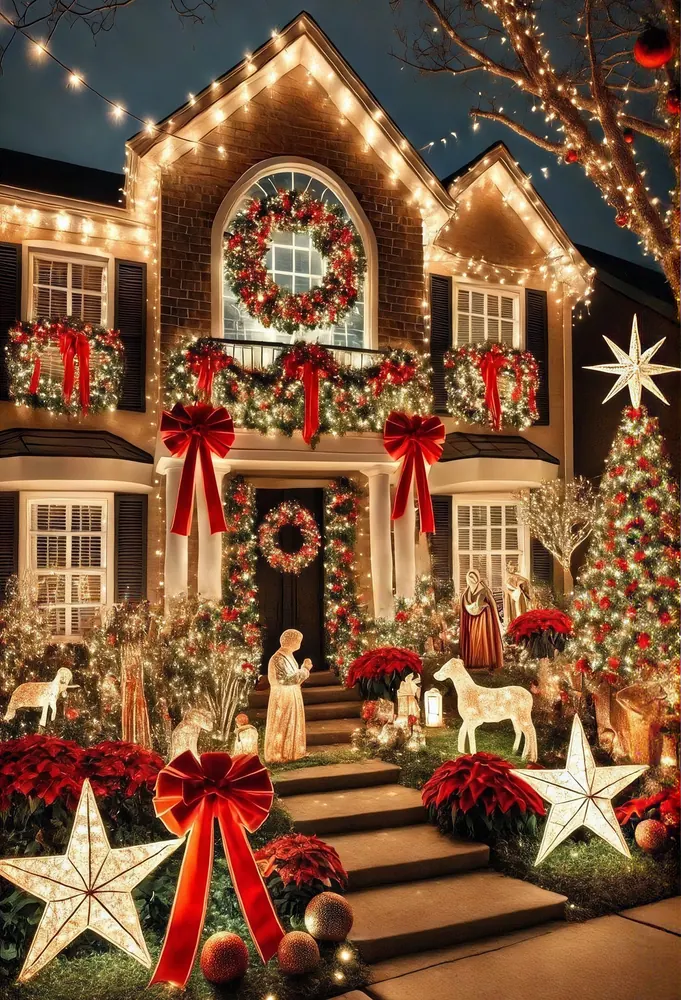 Front entrance decorated with lights, garland and red bows