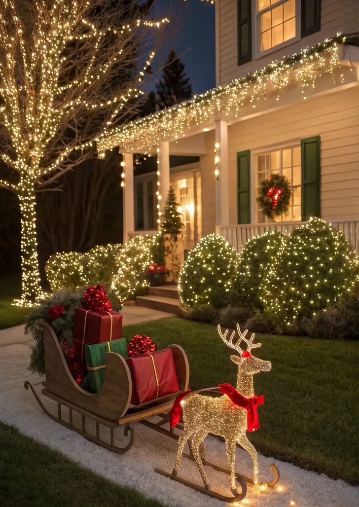 Porch with lit garland and a reindeer display