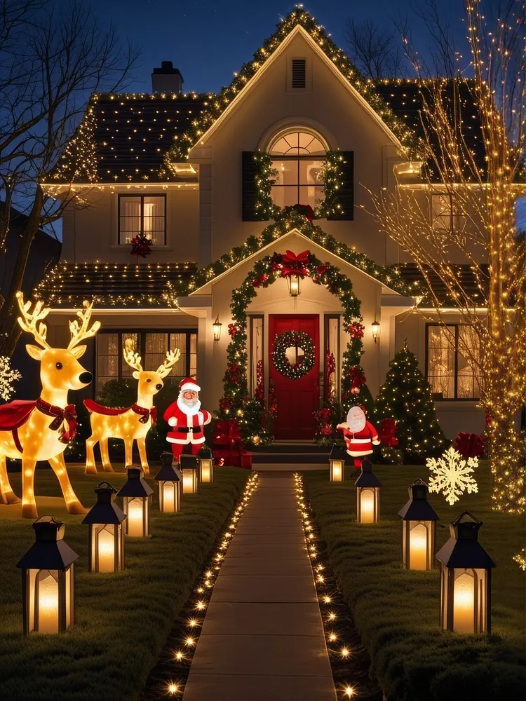 Pathway lights leading to a decorated front door
