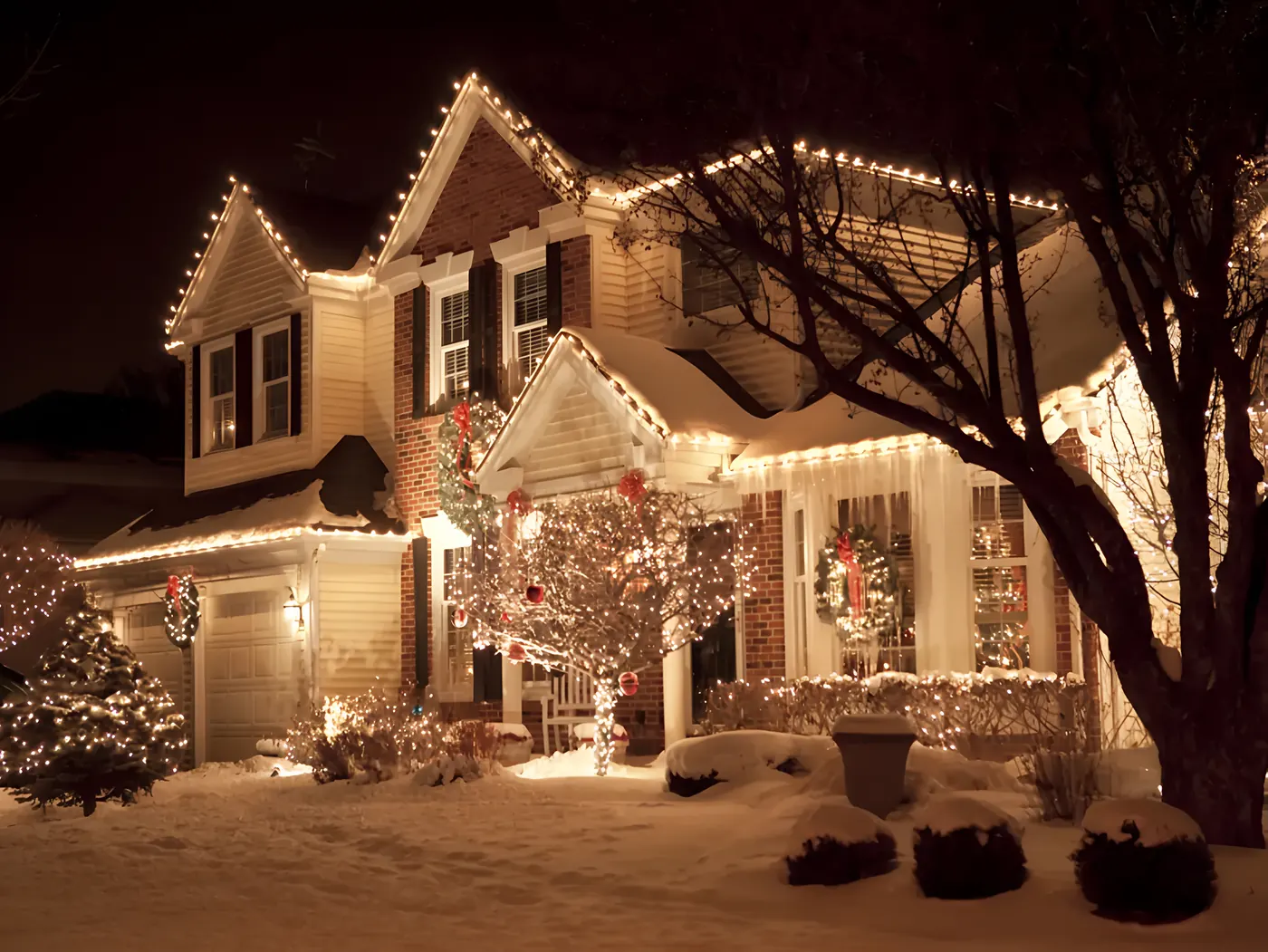 Home with warm lights on the roofline and a lit tree in the yard