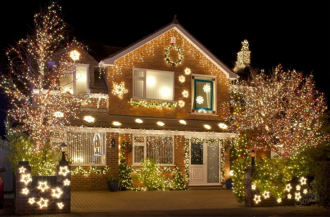 Country home with lit trees and roofline lights