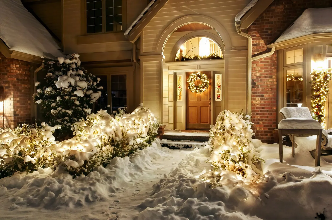 Front entrance and garden decorated with LED lights
