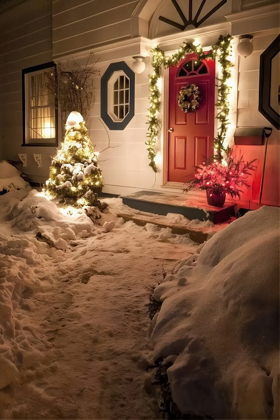 Front door with lit garland, wreath and a glowing evergreen